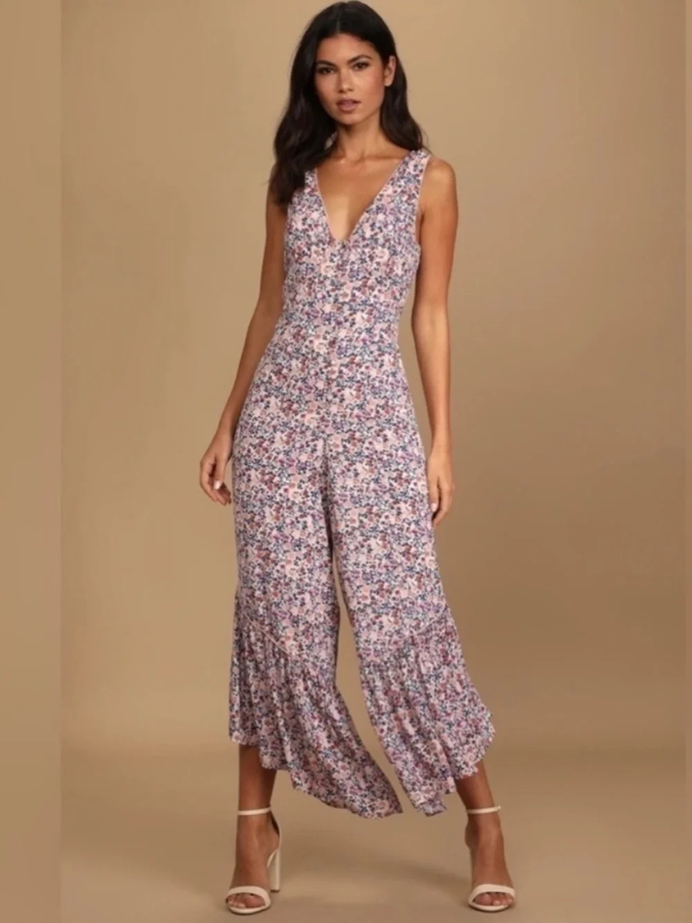 Lulu’s Make it Beautiful Cream Floral Print Ruffled Open Tie-Back Jumpsuit